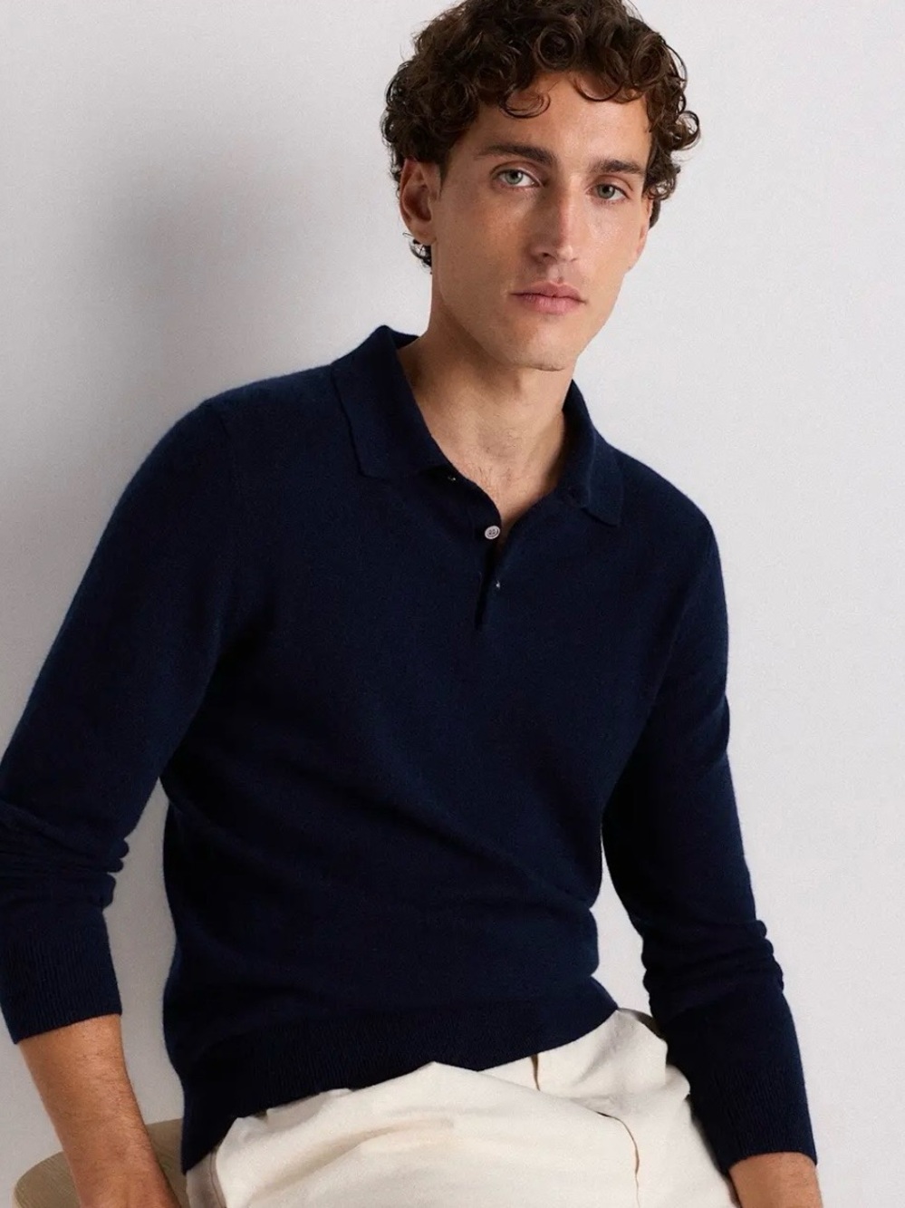 Quince 100% Mongolian Cashmere Polo Sweater Mens Size Large Navy Sharp! NWT